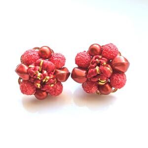 Vintage Estate Signed Japan Berry Red Textured Beaded Cluster Clip On Earrings